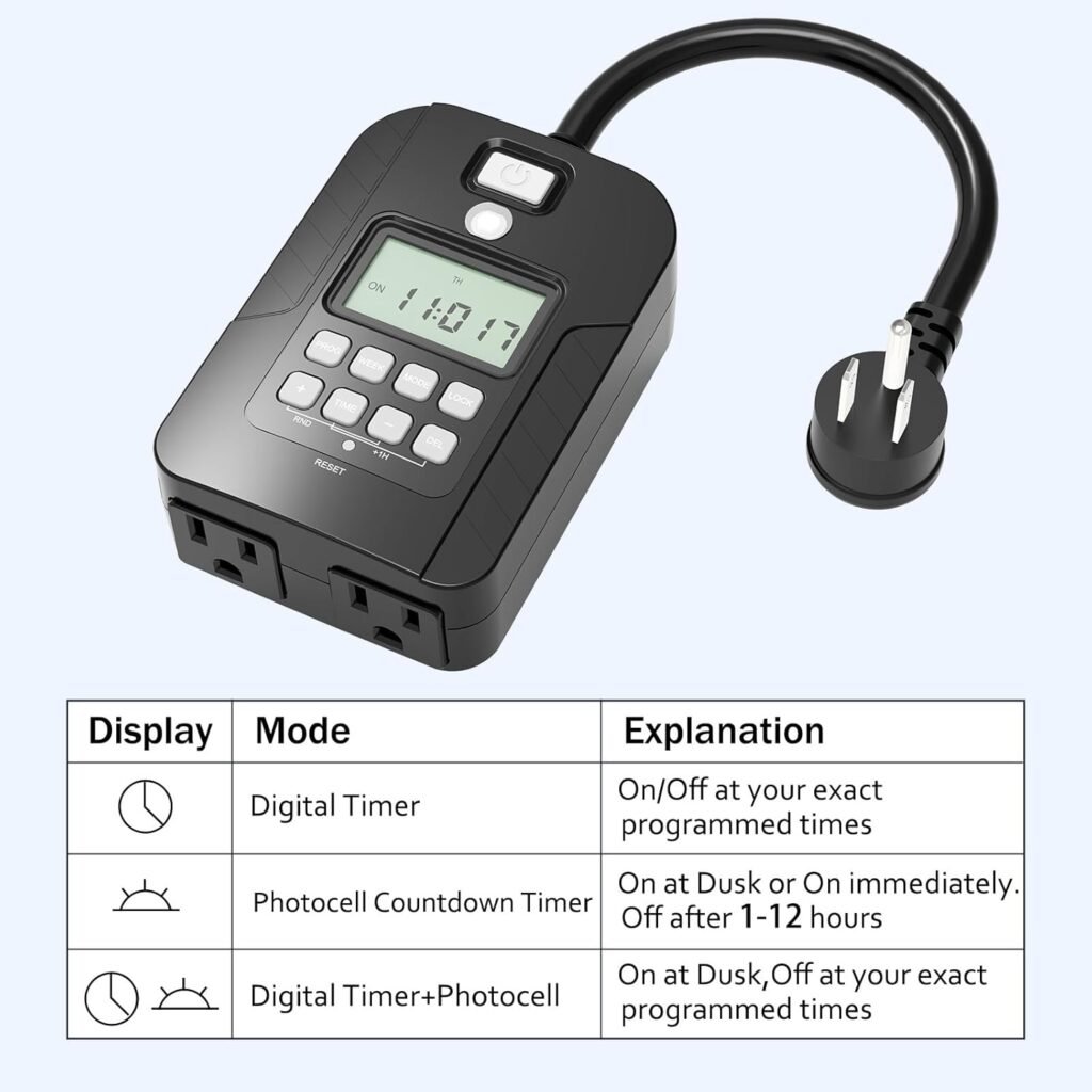 Outdoor Digital Timer for Lights, 7-Day Programmable Plug Waterproof in Timer with 2 Grounded Outlets for Landscape String Light, 15A, 1/2 HP UL Listed, 7 Day Dusk to Dawn Programmable Timer
